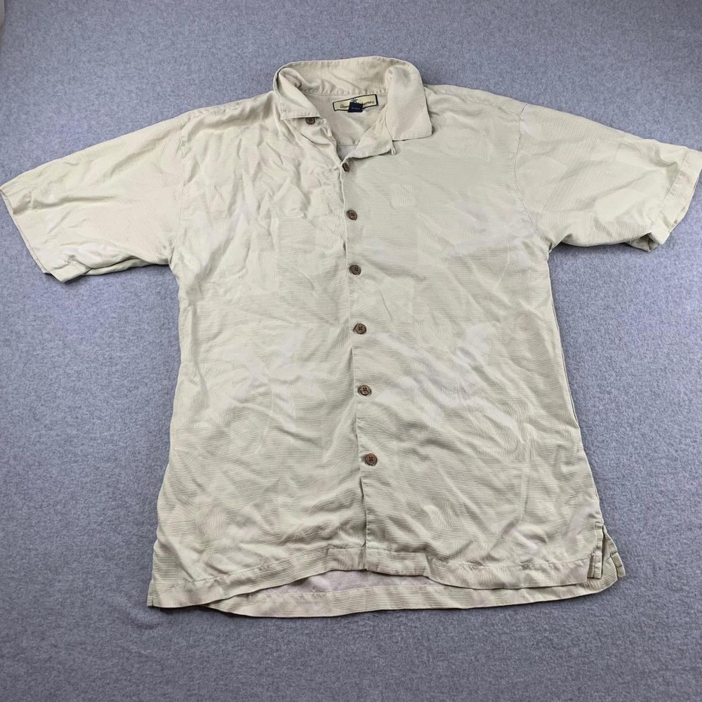 Tommy Bahama Button Up Shirt Mens Large Beige Silk Tropical Palm Jacquard Camp